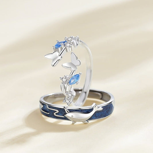 Adjustable Silver Whale Butterfly Couple Rings