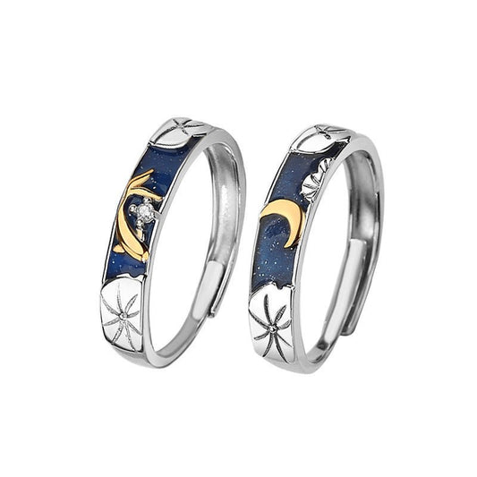 Lotus Pond Moonlight Couple Pair Ring – Adjustable 925 Silver