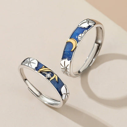 Lotus Pond Moonlight Couple Pair Ring – Adjustable 925 Silver