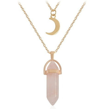 Unisex Crystal Moon & Hexagonal Turquoise Pendant Necklace