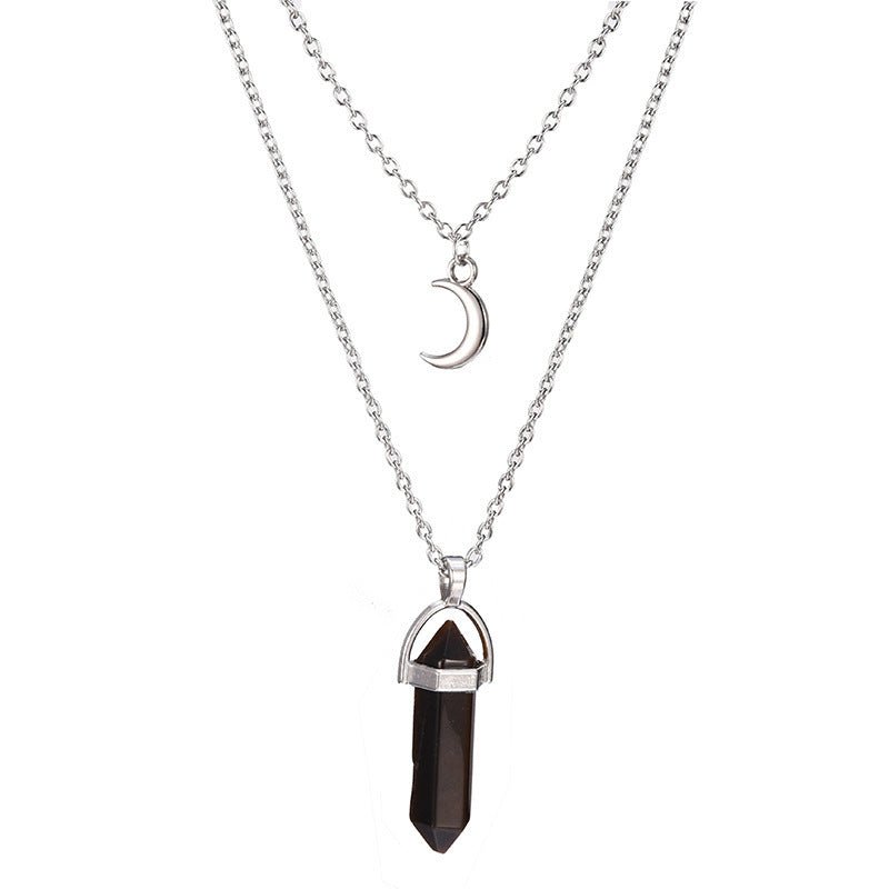 Unisex Crystal Moon & Hexagonal Turquoise Pendant Necklace