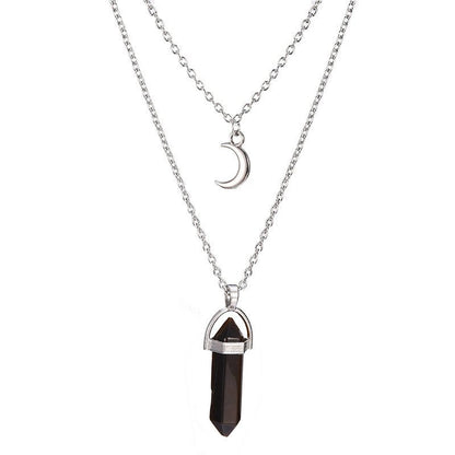 Unisex Crystal Moon & Hexagonal Turquoise Pendant Necklace