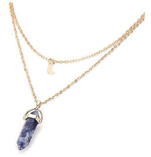 Unisex Crystal Moon & Hexagonal Turquoise Pendant Necklace