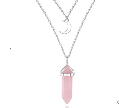 Unisex Crystal Moon & Hexagonal Turquoise Pendant Necklace