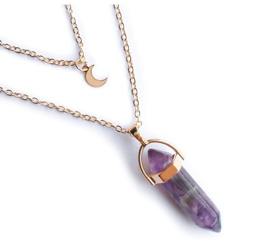 Unisex Crystal Moon & Hexagonal Turquoise Pendant Necklace