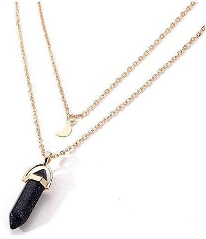 Unisex Crystal Moon & Hexagonal Turquoise Pendant Necklace